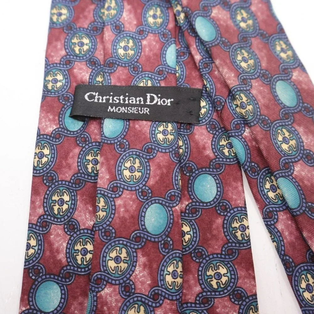 Mens Tie Christian Dior Monsieur Maroon Blue Geometric Round Pattern Classiccore